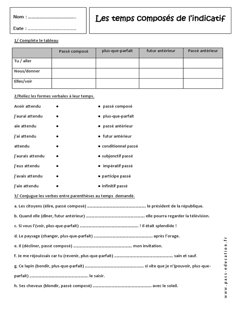 évaluation Temps Composés 5ème Pdf Passé Composé Plus Que Parfait Futur Antérieur Passé Antérieur 5ème  Exercices Sur Les Temps de Composés | PDF