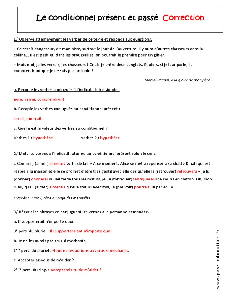 Le Conditionnel Présent Exercices Corrigés Pdf Correction Présent Et Passé 5ème Exercices Sur Le Conditionnel | PDF