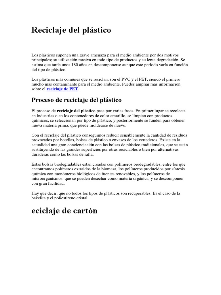 Reciclaje Del Plástico | PDF | El plastico | Residuos