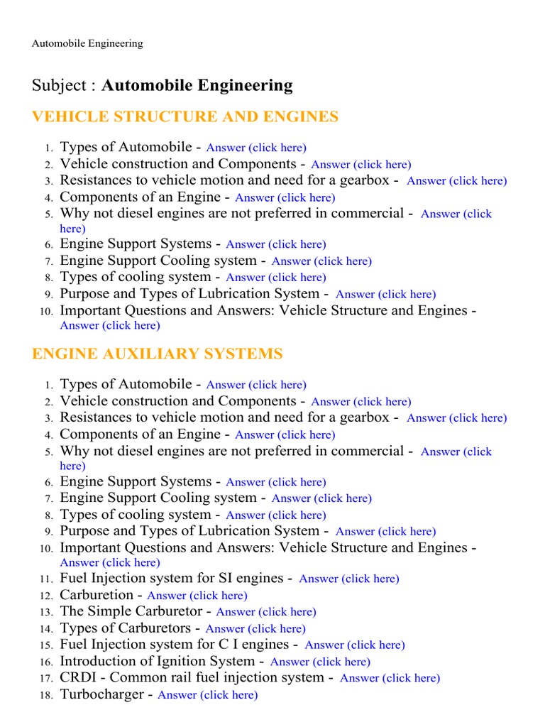 Automobile Engineering Lecture Notes Study Material and Important Questions Answers PDF Transmission Mechanics Engines