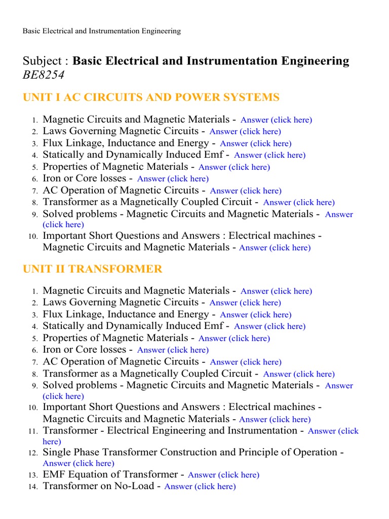 Basic Electrical and Instrumentation Engineering Lecture Notes, Study Material and Important