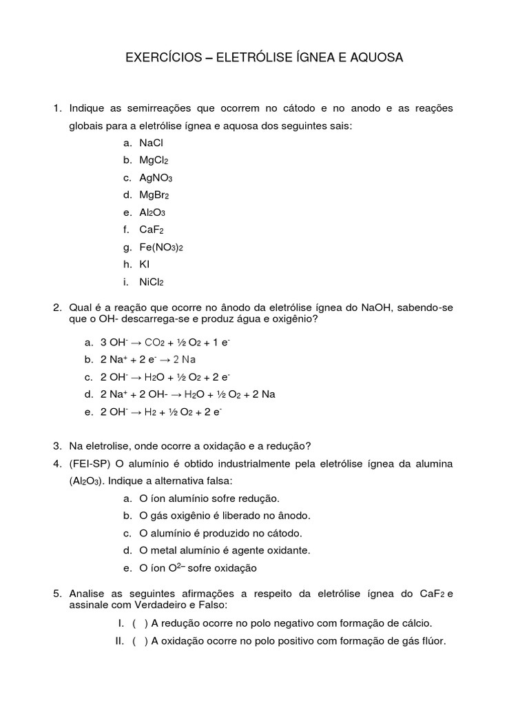 Exercícios de Eletrólise Ígnea e Aquosa | PDF