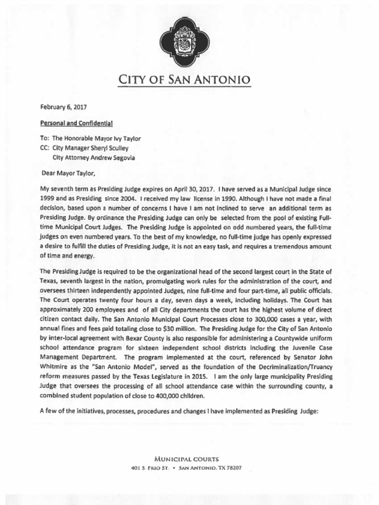 Judge John Bull hand delivered letter to Mayor Ivy Taylor Feb. 2017