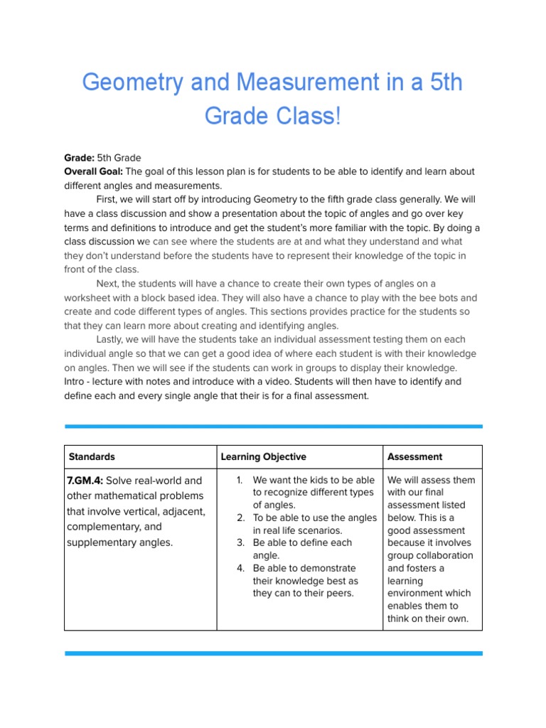5th Grade Geometry: Angles Lesson Plan | PDF | Angle | Educational ...