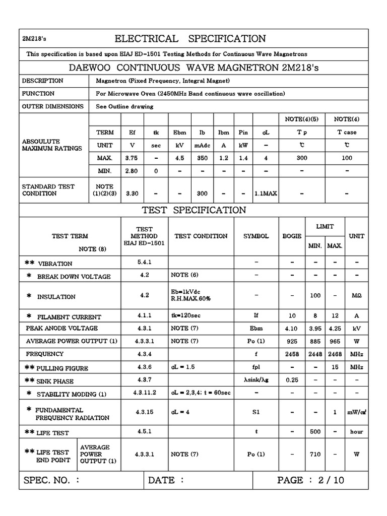 Data Sheet Magnetron 2M218-DAEWOO | Microwave Technology | Radio Spectrum
