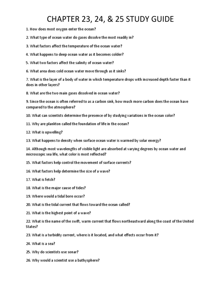 CH 23, 24, & 25 Study Guide | PDF | Oceans | Seawater