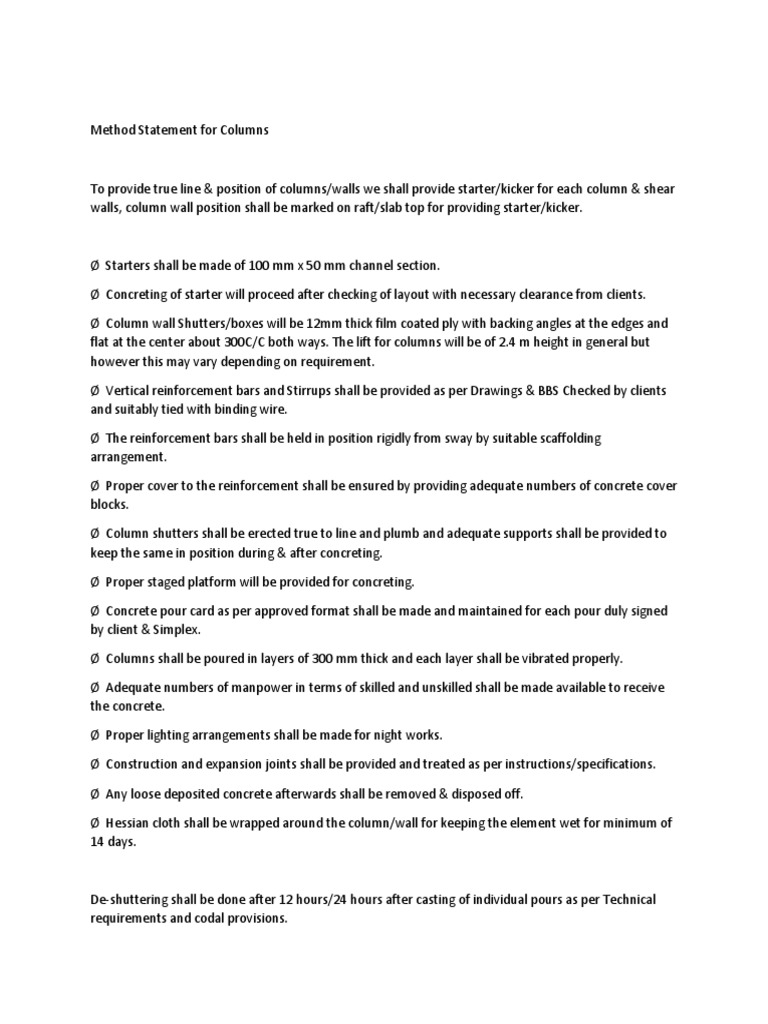 Method Statement For Columns2 | PDF | Concrete | Column