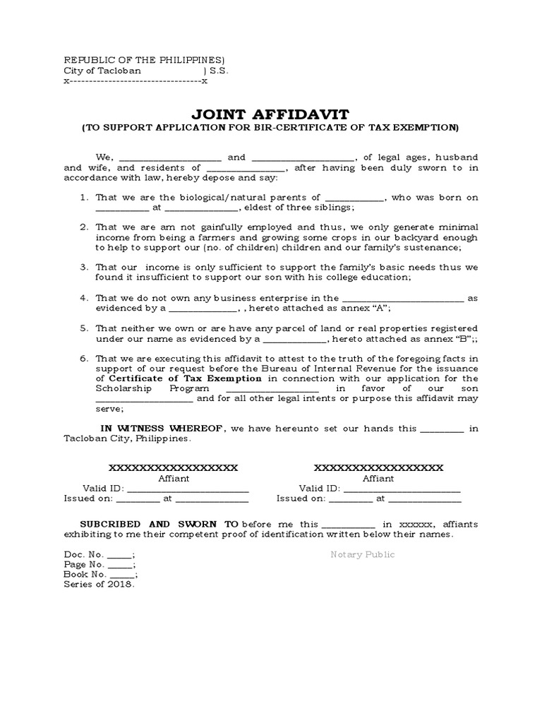 Affidavit To Support Tax Exemption PDF Affidavit Public Law