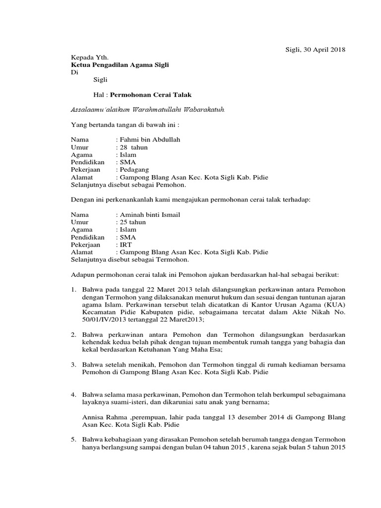 Contoh Surat: Contoh Surat Cerai Talak 1