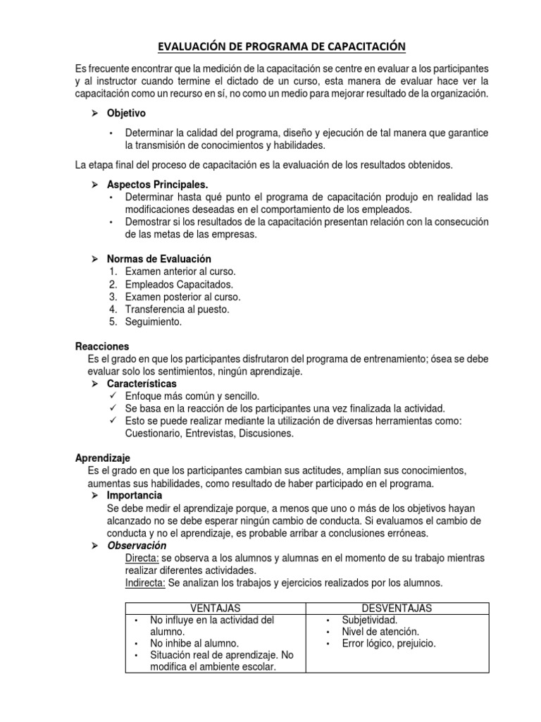 Evaluación del Programa de Capacitación | PDF | Evaluación | Prueba ...
