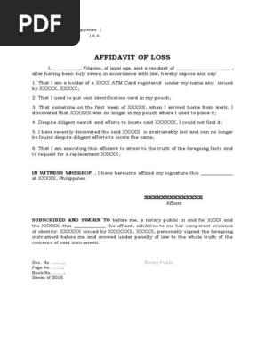 Affidavit of Loss ATM CARD