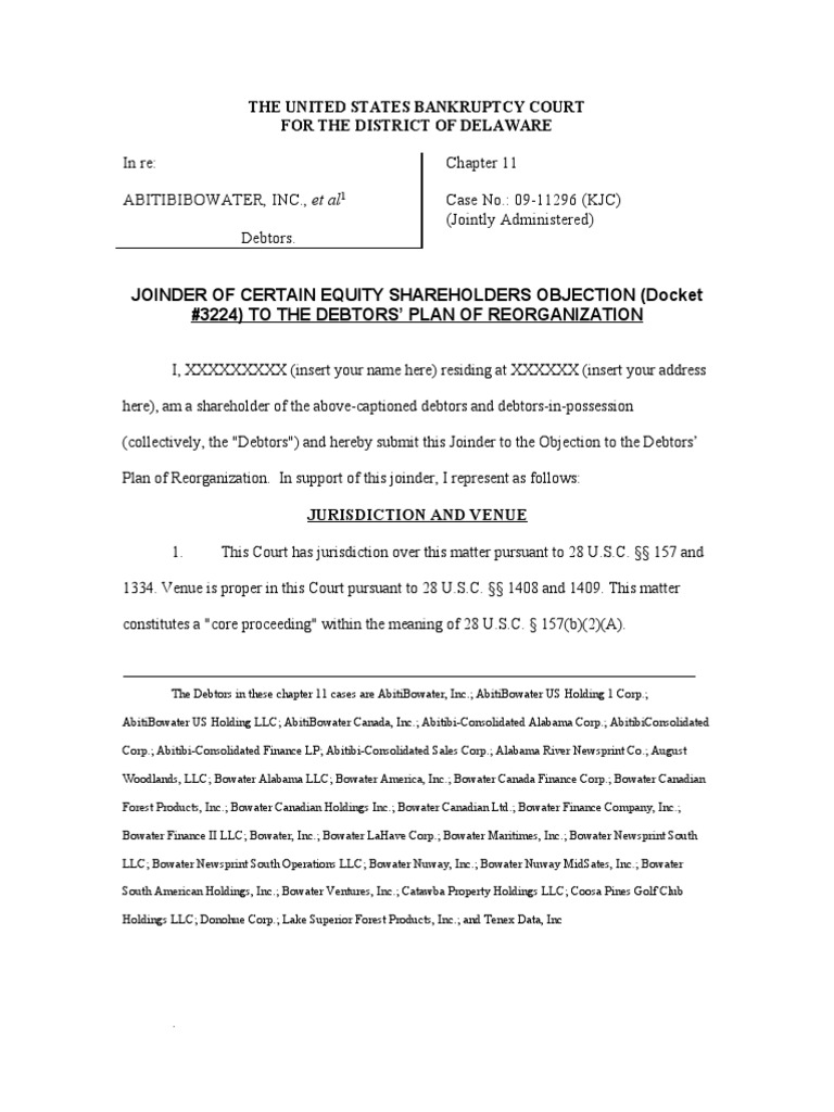 Joinder Template Chapter 11 Bankruptcy In The United States