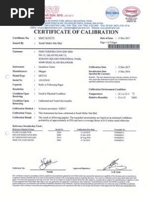 Megger Insulation Tester Calibration Certificate