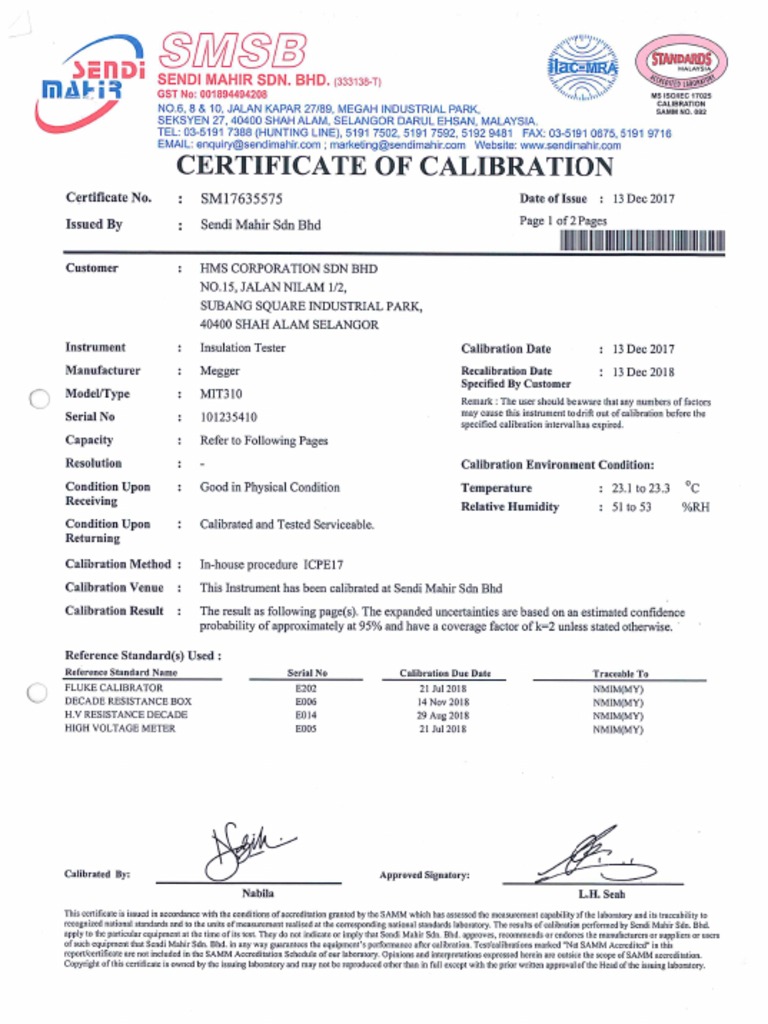 Megger Insulation Tester Calibration Certificate PDF