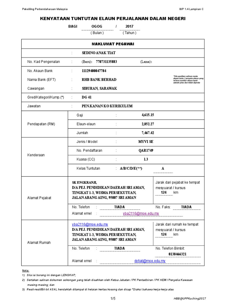 contoh borang claim perjalanan