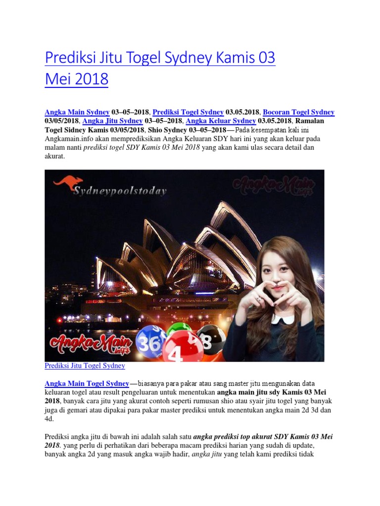 Angka Jitu Sydney Kamis
, Prediksi Jitu Togel Sydney Kamis 03 Mei 2018