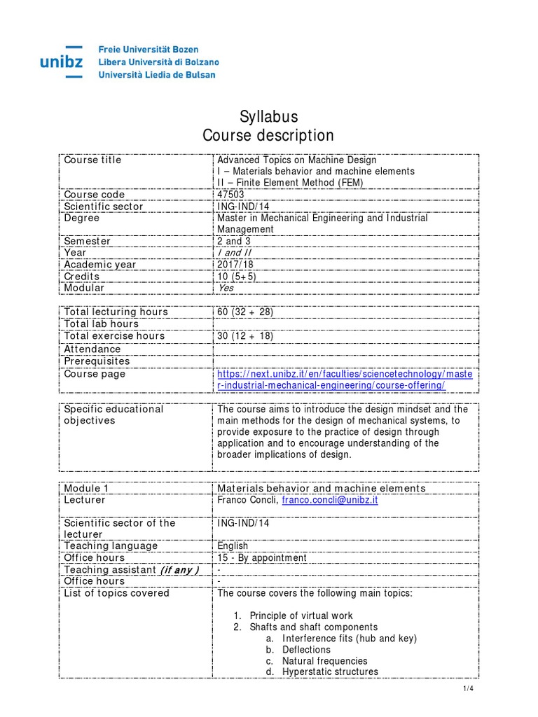 Advanced Machine Design Syllabus | PDF | Gear | Finite Element Method