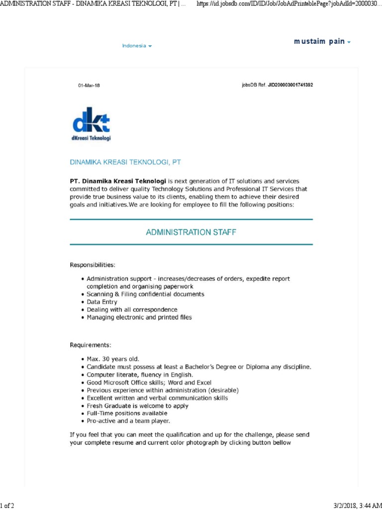 Administration Staff Dinamika Kreasi Teknologi, PT Jobsdb Indonesia