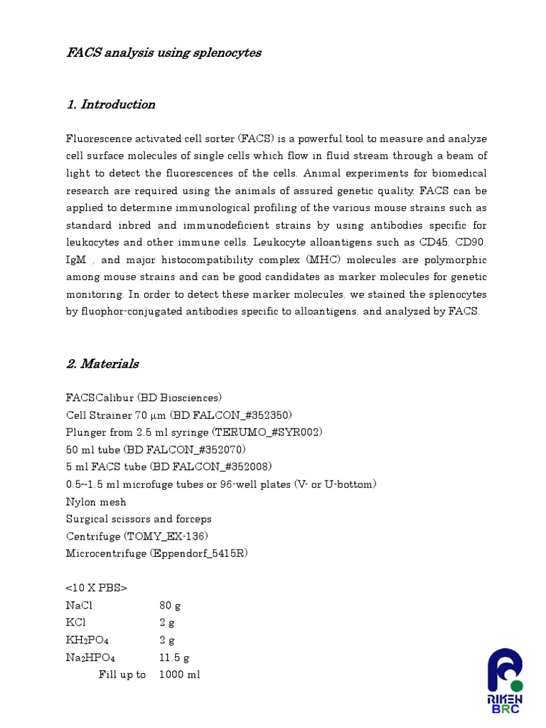 Facs Protocol PDF | PDF | Flow Cytometry | Major Histocompatibility Complex