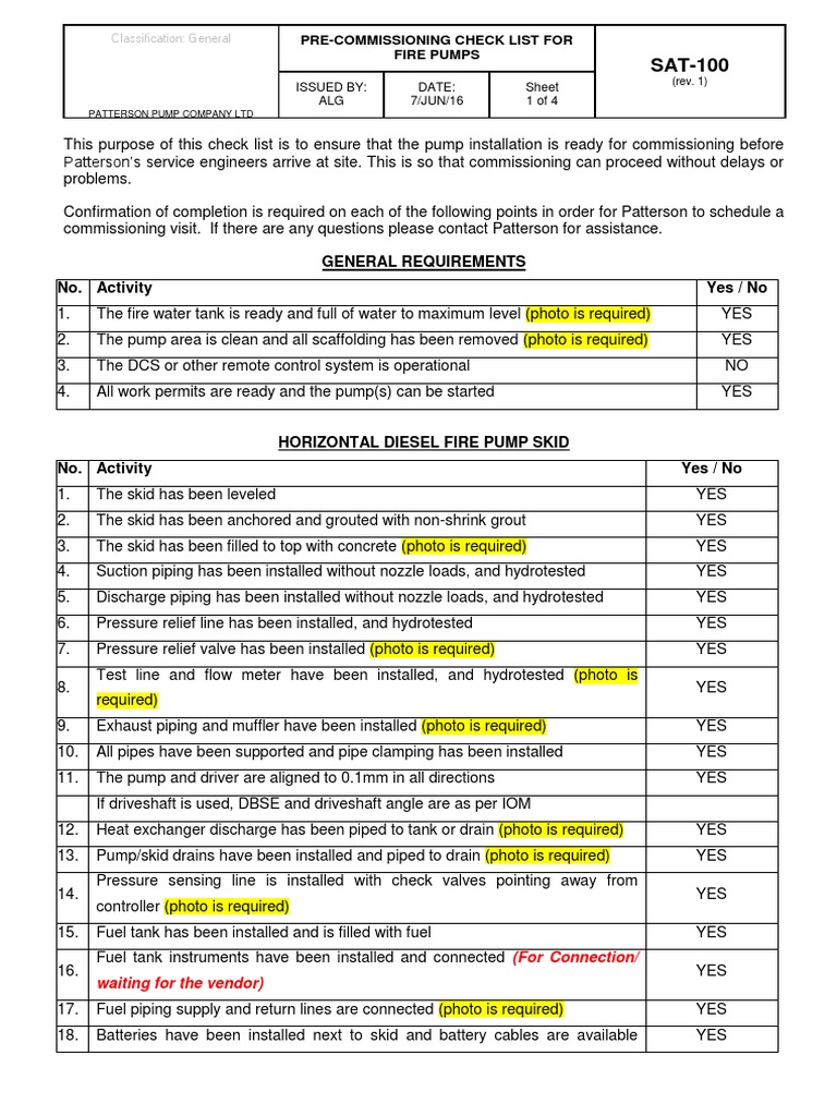Fire Water Pumps Pre Commissioning Checklist. PDF Pump Valve