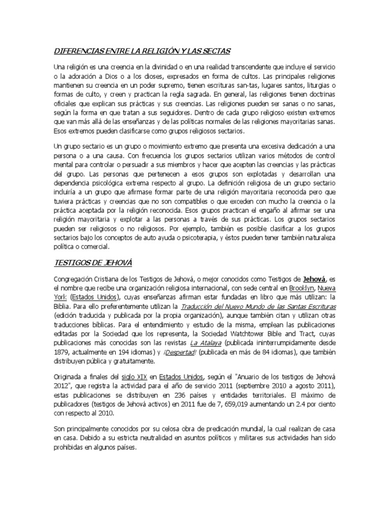 Diferencias Entre La Religión y Las Sectas PDF Movimiento estudiantil bíblico Secta