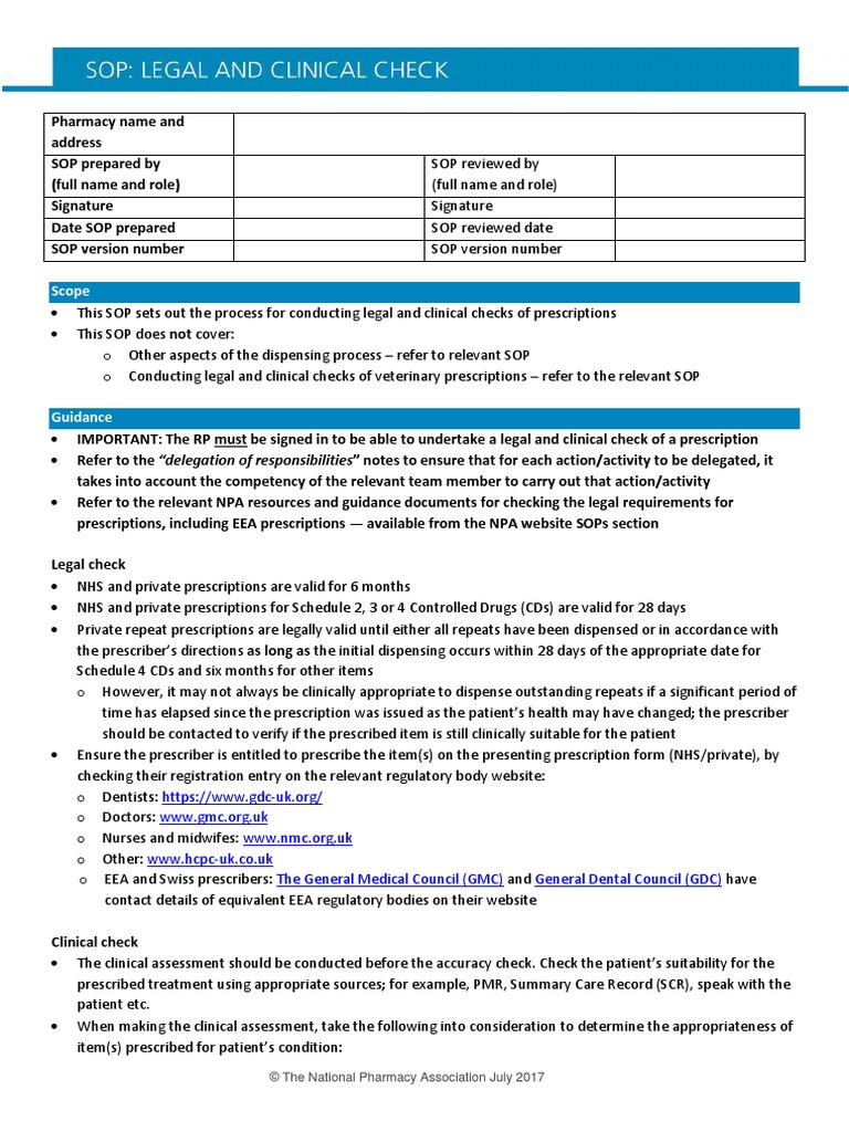 SOP Legal and Clinical Check site Prescription Drugs Pharmacy