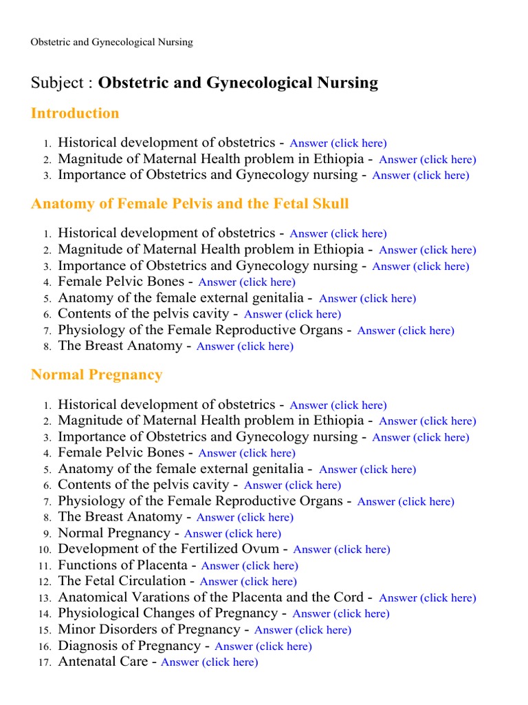 Obstetric and Gynecological Nursing Lecture Notes, Study Material and