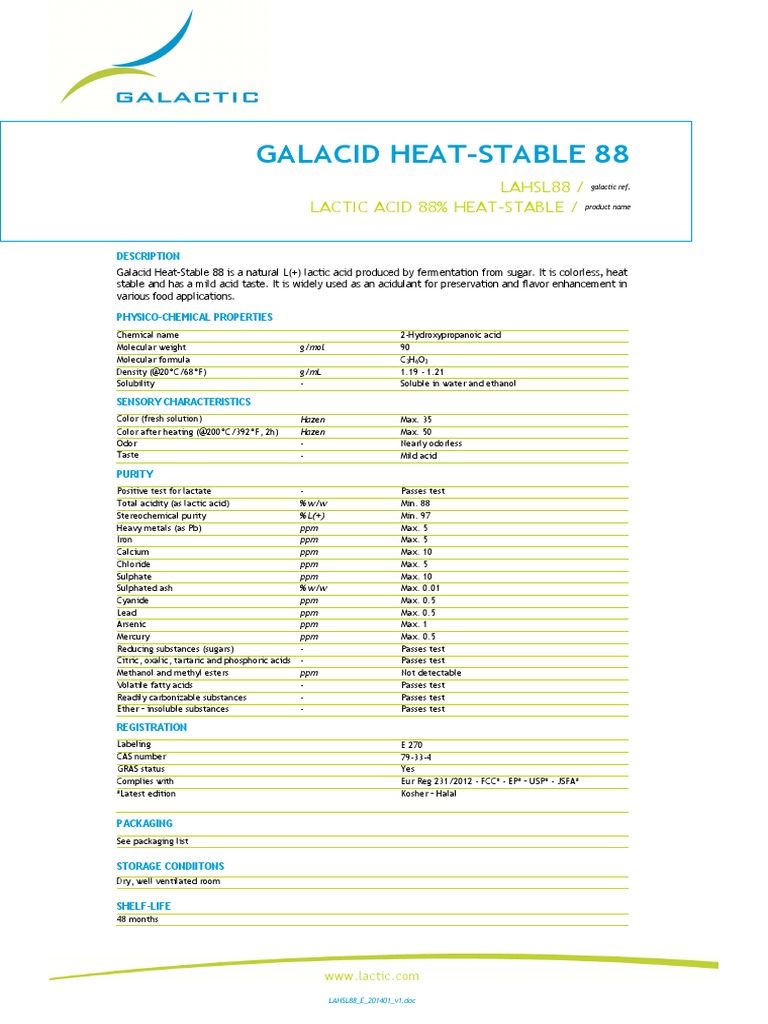 Ficha Tecnica Ácido Láctico Galacid HeatStable 88