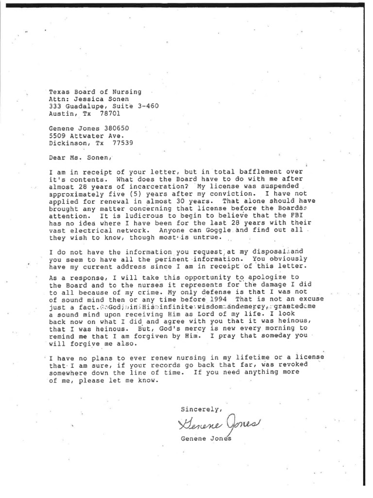 Genene Jones confession letter