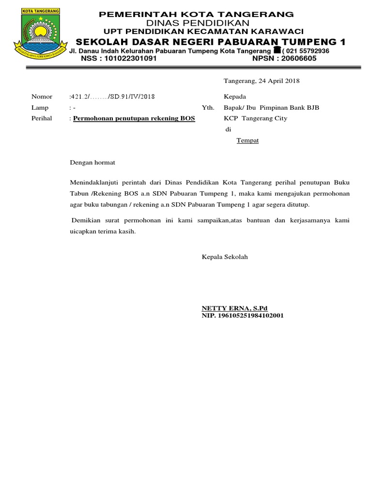 Surat Permohonan Penutupan Rekening Bossdn Pabuaran Tumpeng 1