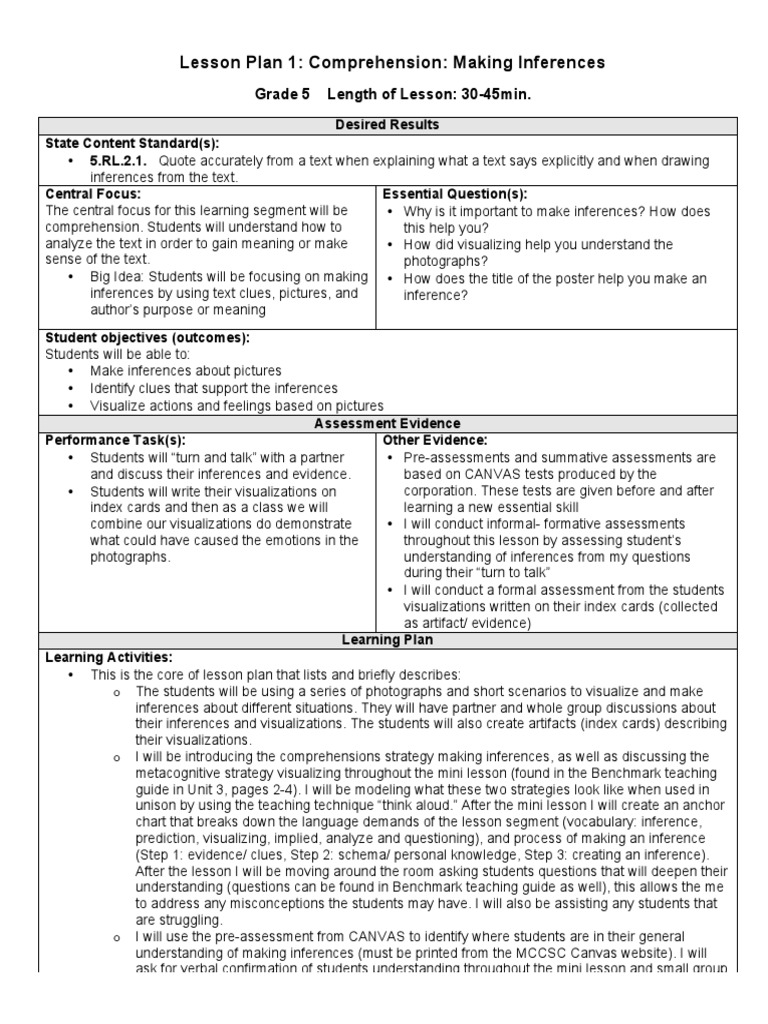 Unit Lesson Plan Iu 1 With Artifacts | PDF | Reading Comprehension ...