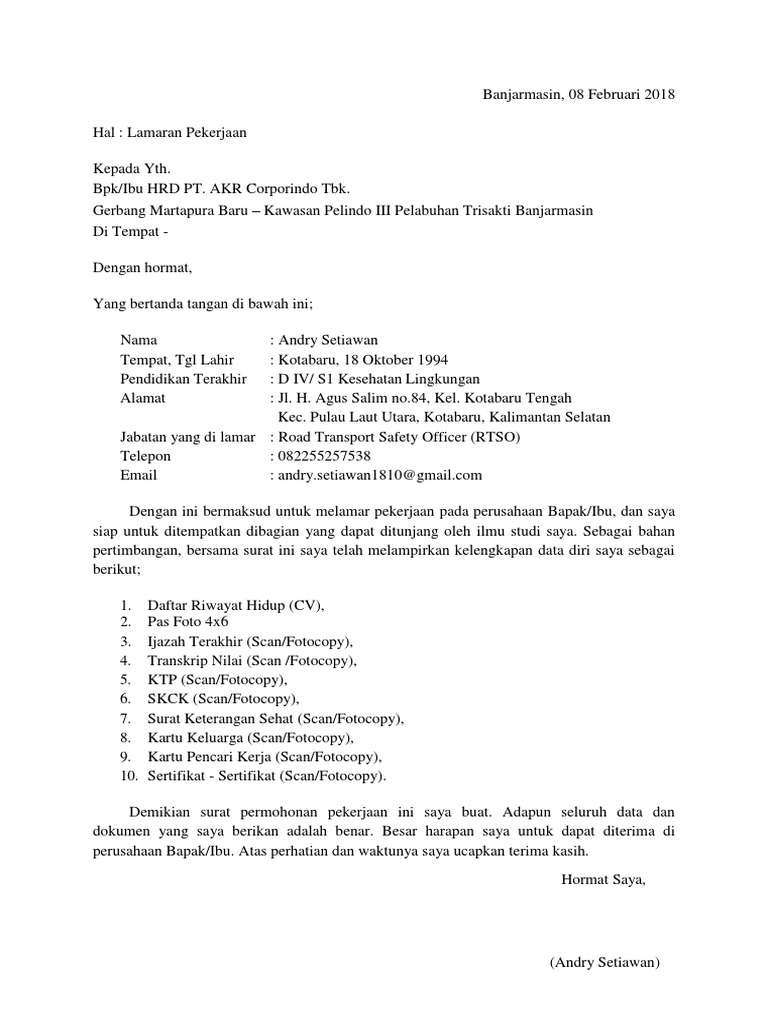 Contoh Surat Lamaran Kerja Pt Pelindo Soal Tematik