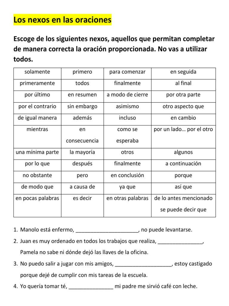 Los nexos en las oraciones