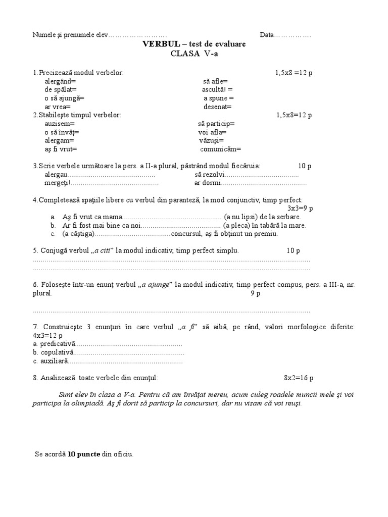 Test Verbul - Cls - 5 | PDF