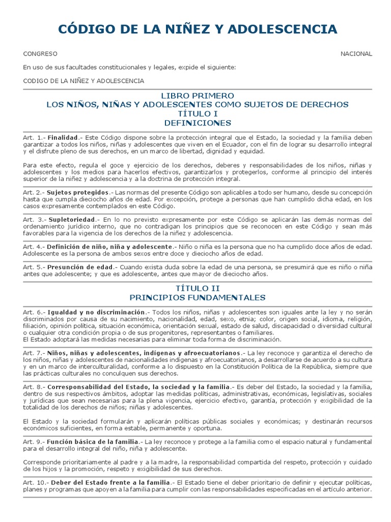 Código de la Niñez y Adolescencia Ecuador | PDF | Abuso infantil | Familia