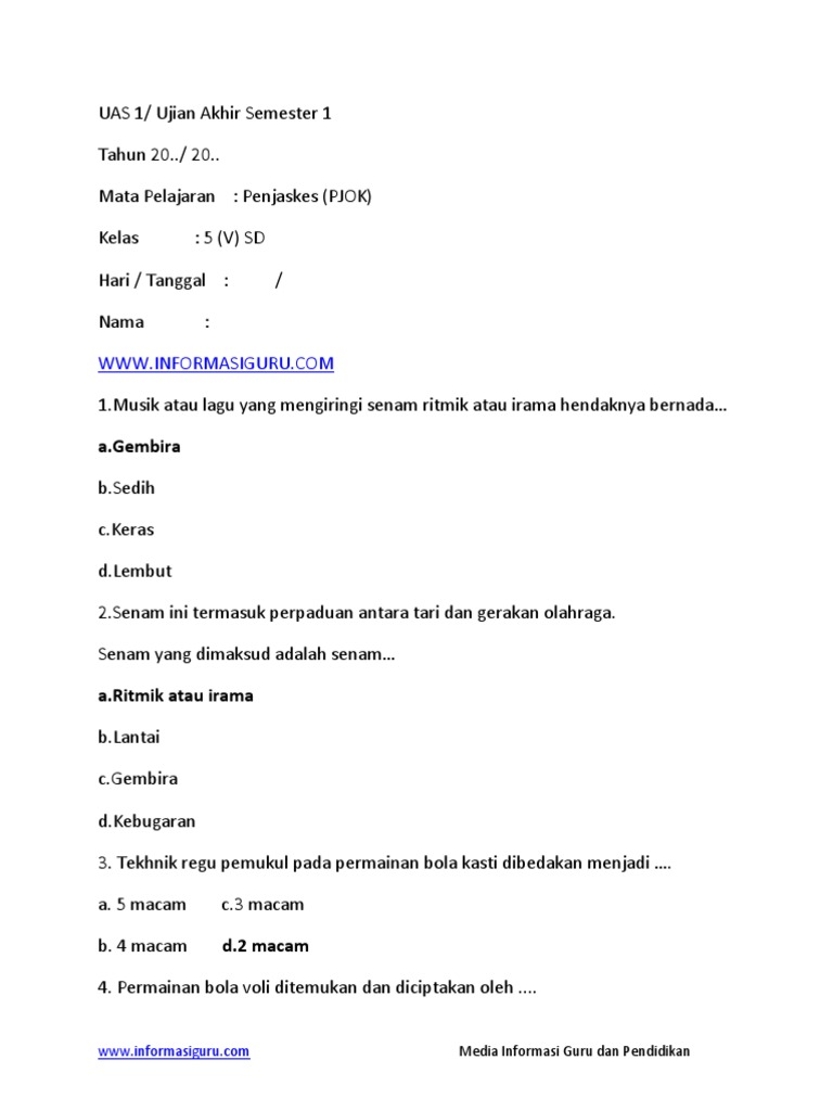 Soal Dan Kunci Jawaban Pjok Kelas 5 Pdf