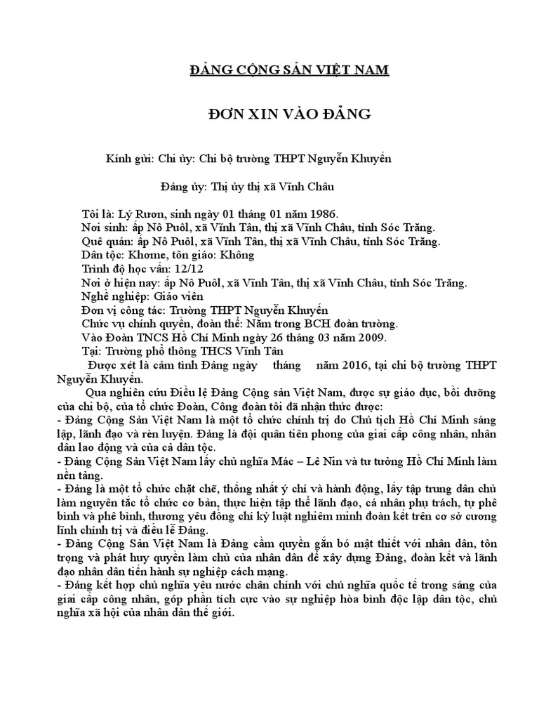 Don Xin Vao Dang Viet Tay Hoan Chinh Nhat 2017 | PDF