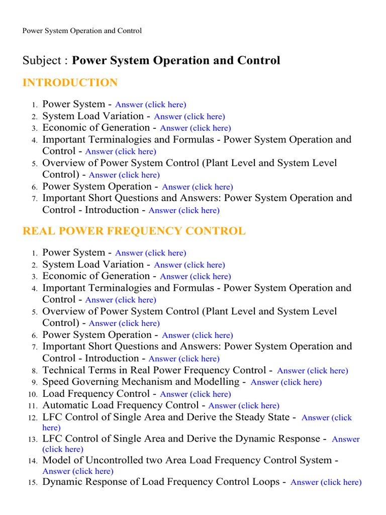 Power System Operation and Control Lecture Notes, Study Material and