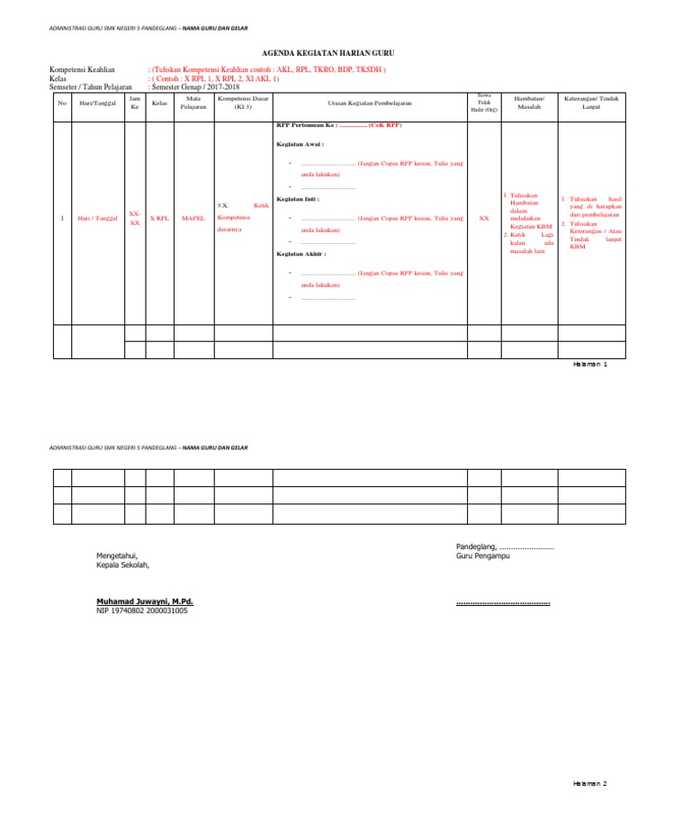 Contoh Agenda Harian Guru Mata Pelajaran Seputaran Guru