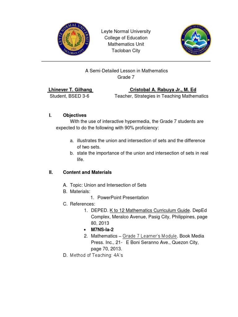 Lesson Plan (Union and Intersection of Sets) PDF Set (Mathematics) Teaching Mathematics