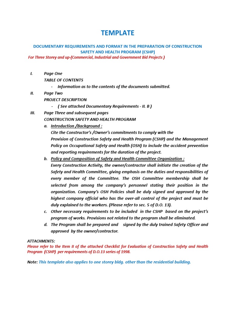 CSHP Template for Construction Projects | PDF | Occupational Safety And ...