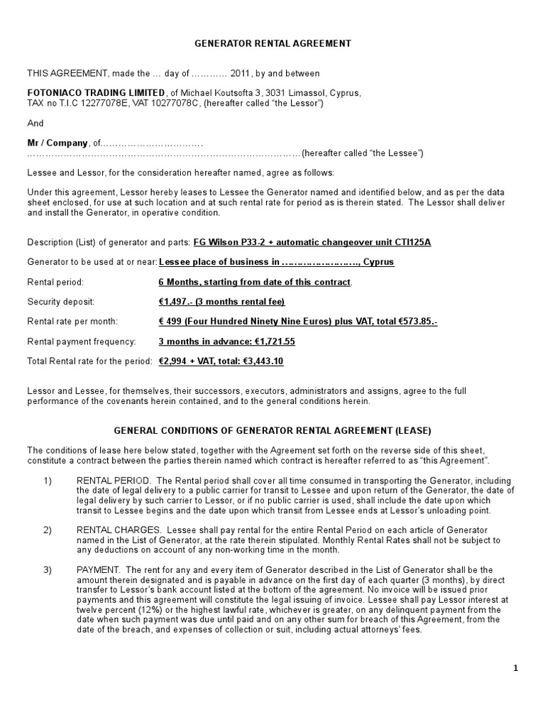 Generator Rental Agreement PDF Lease Bankruptcy