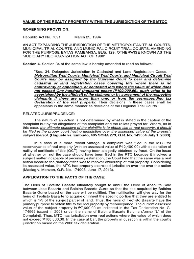 MTCC'S Jurisdiction Over Real Properties | PDF | Jurisdiction ...