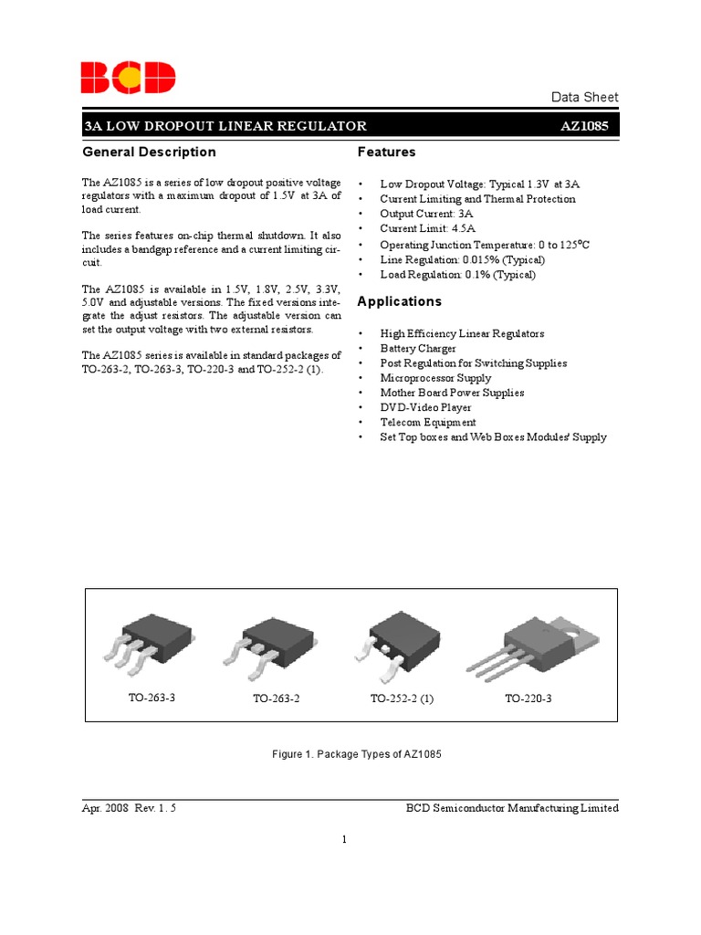 3A Low Dropout Linear Regulator Data Sheet AZ1085 PDF Electrical