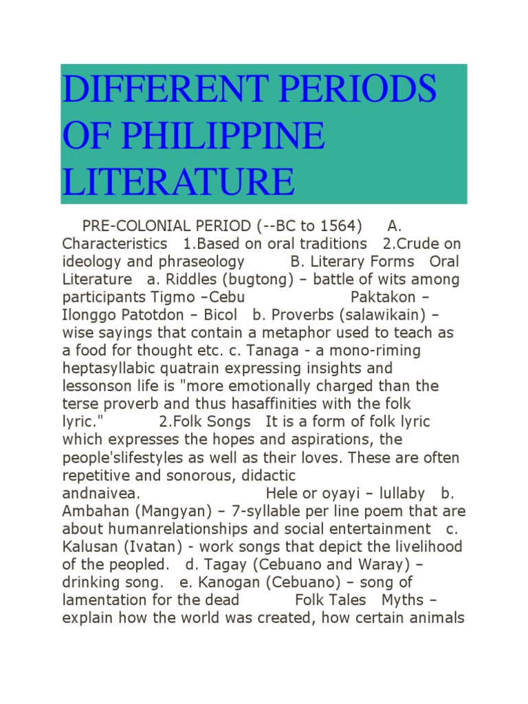 Different Periods of Philippine Literature Poetry Philippines