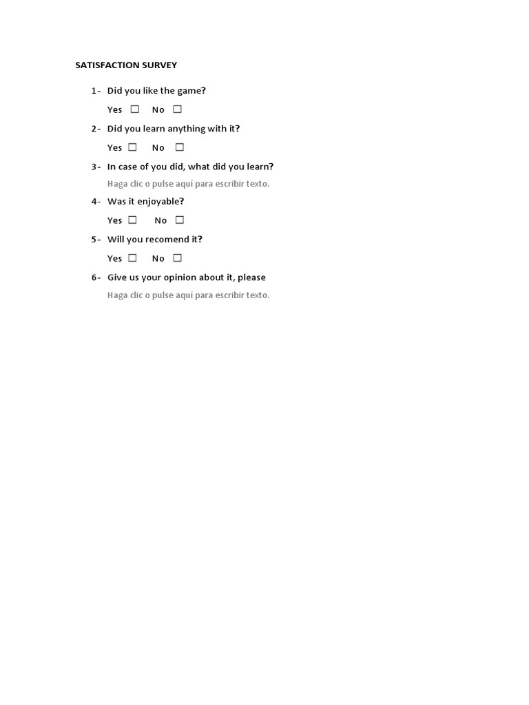Game Satisfaction Survey Form | PDF