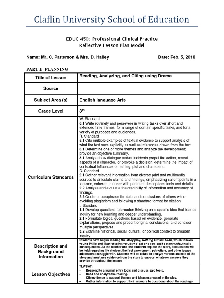8th Grade Drama Lesson Plan Guide | PDF | Educational Assessment | Teachers