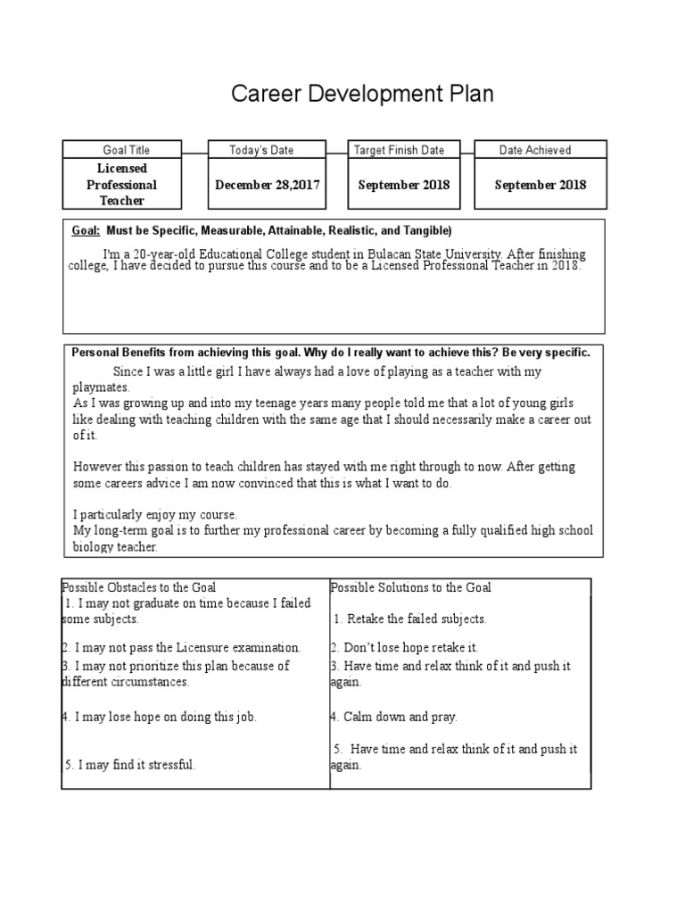 Sample Career Development Plan Worksheet | Goal | Teachers