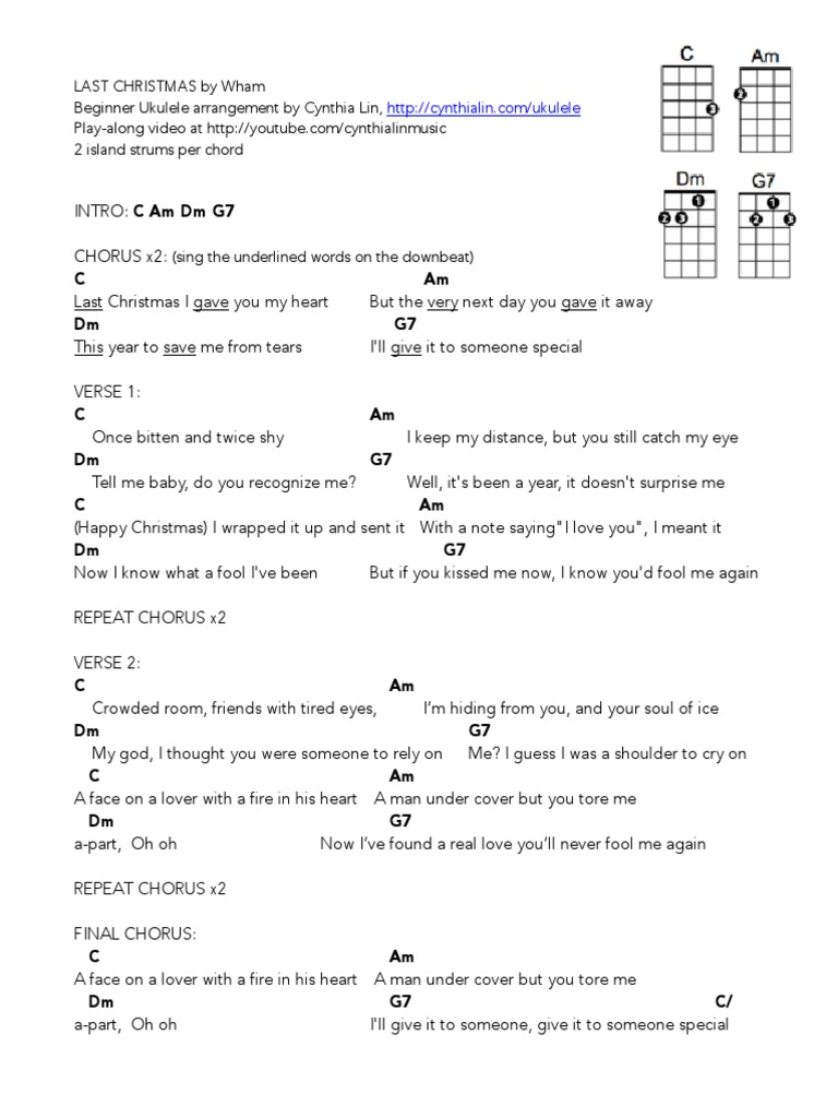 Last Christmas Beginner Ukulele Chord Chart