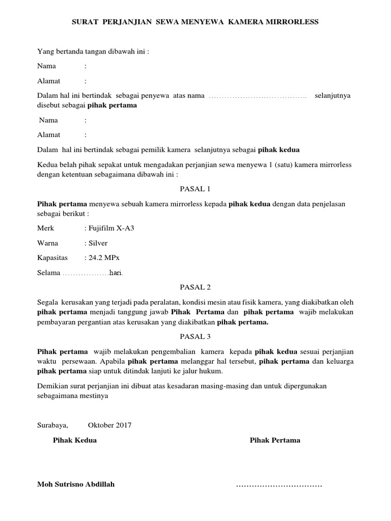 Surat Perjanjian Sewa Kamera Mirrorless | PDF | Game & Aktivitas | Ilmu ...